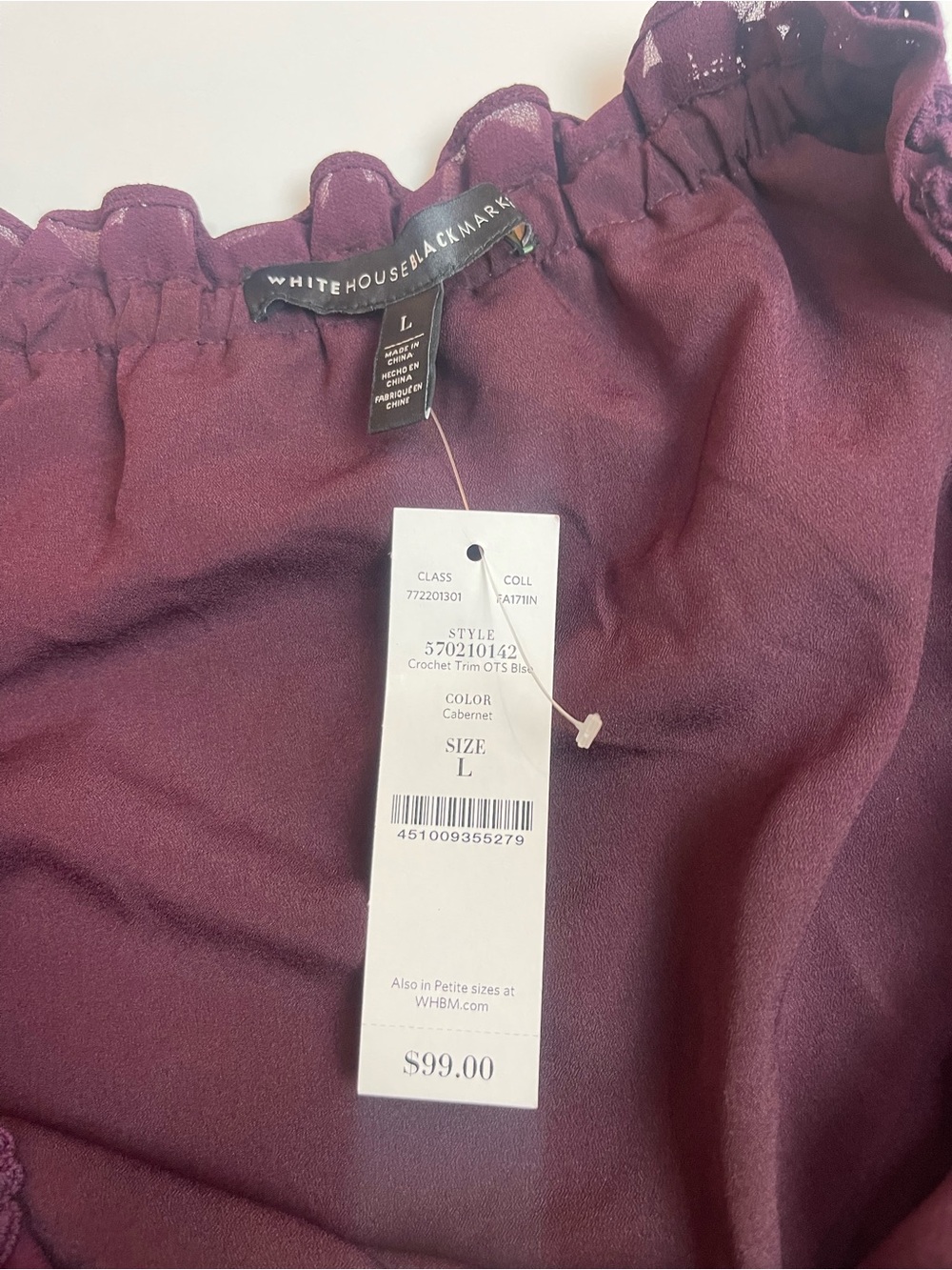 White House Black Market Cabernet Off- Shoulder Crochet Blouse-Size Large-NWT - Picture 6 of 7